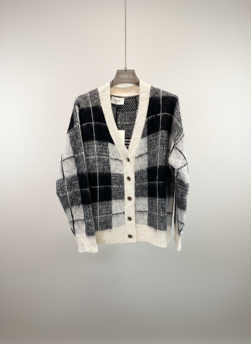 Maglia cardigan quadro bianco e nero Vicolo
