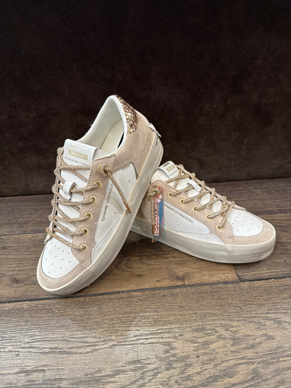 CRIME LONDON SK8  BIANCA BEIGE TOP GLITTER ORO LACCI ORO DONNA