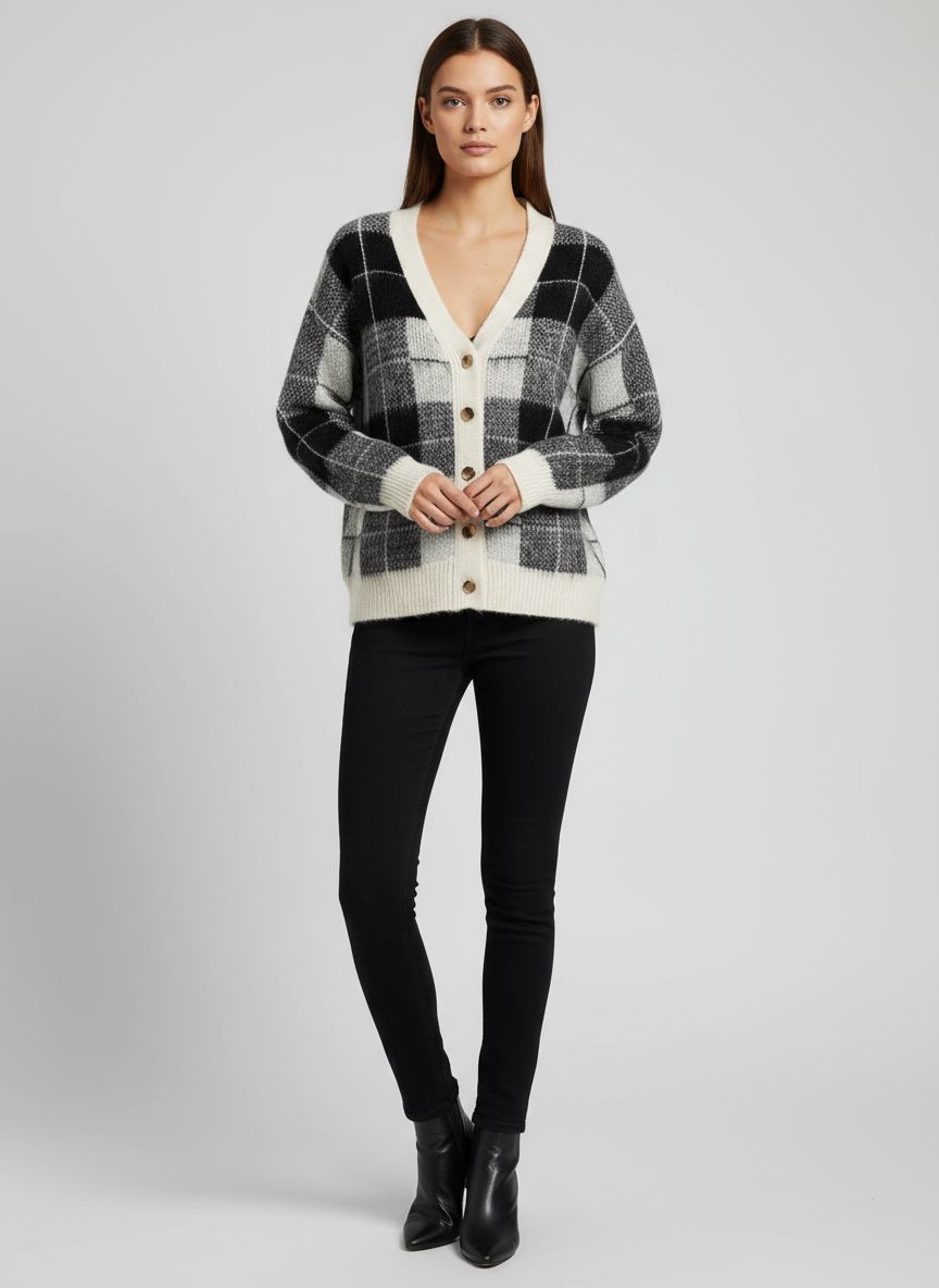 Maglia cardigan quadro bianco e nero Vicolo