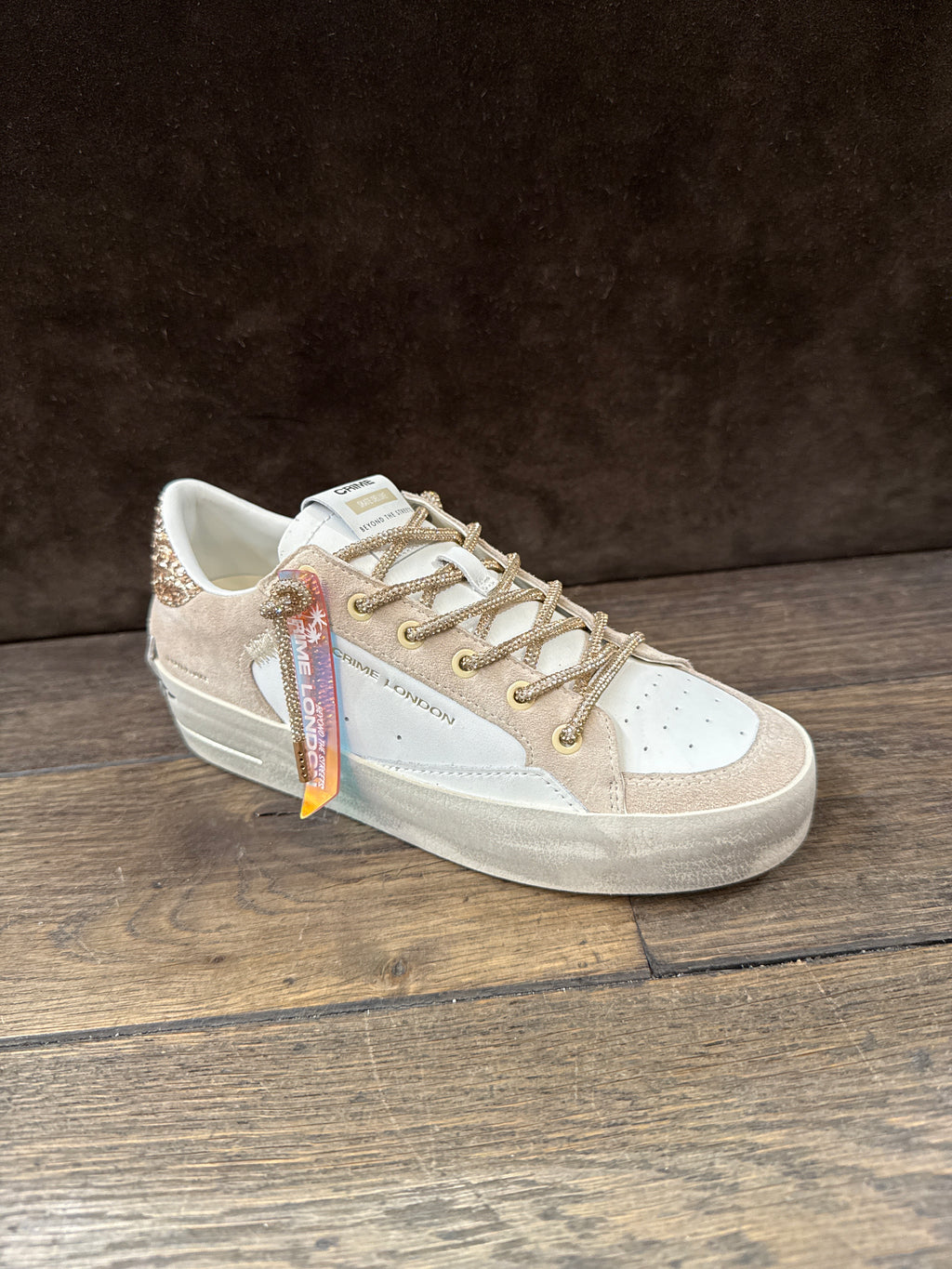 CRIME LONDON SK8  BIANCA BEIGE TOP GLITTER ORO LACCI ORO DONNA