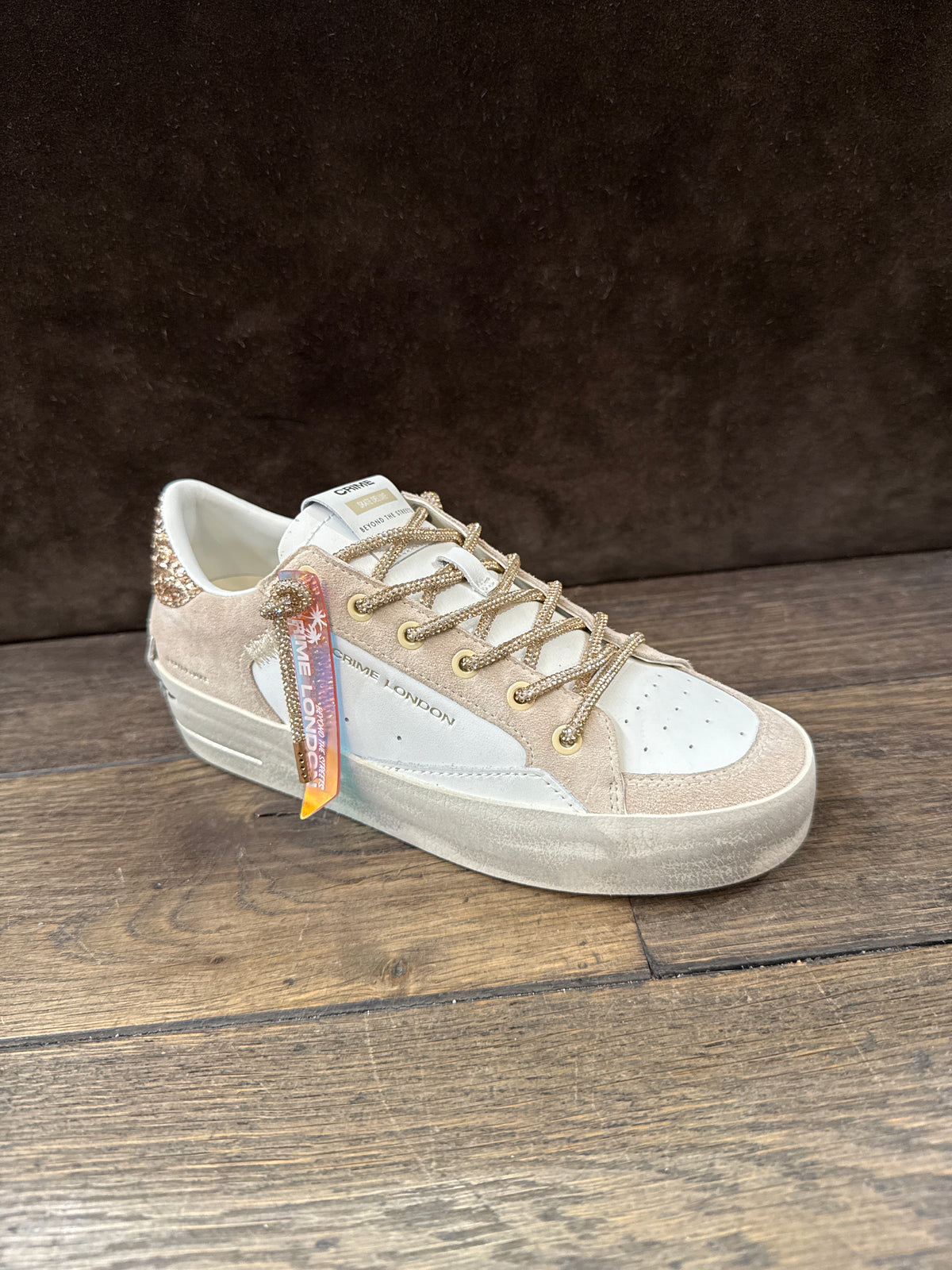 CRIME LONDON SK8  BIANCA BEIGE TOP GLITTER ORO LACCI ORO DONNA