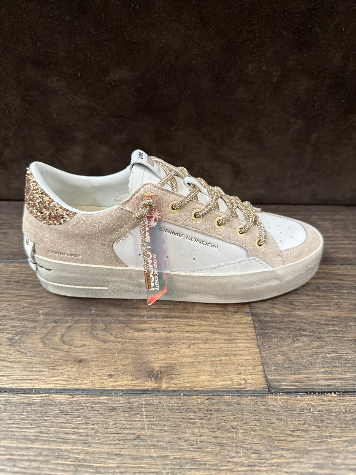 CRIME LONDON SK8  BIANCA BEIGE TOP GLITTER ORO LACCI ORO DONNA