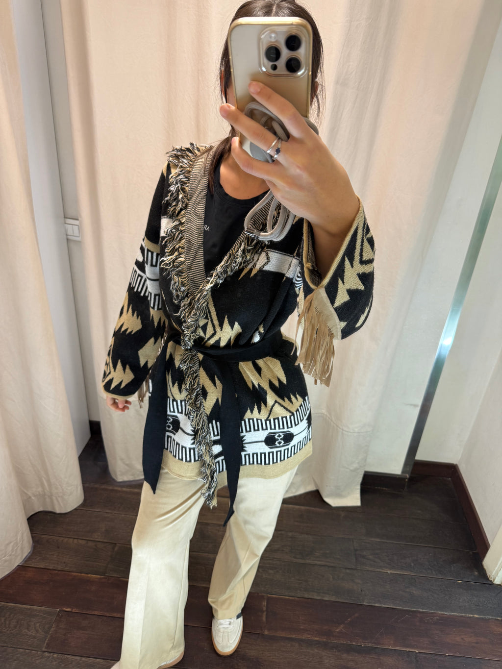 Maxi Cardigan frange nero / beige 77190F