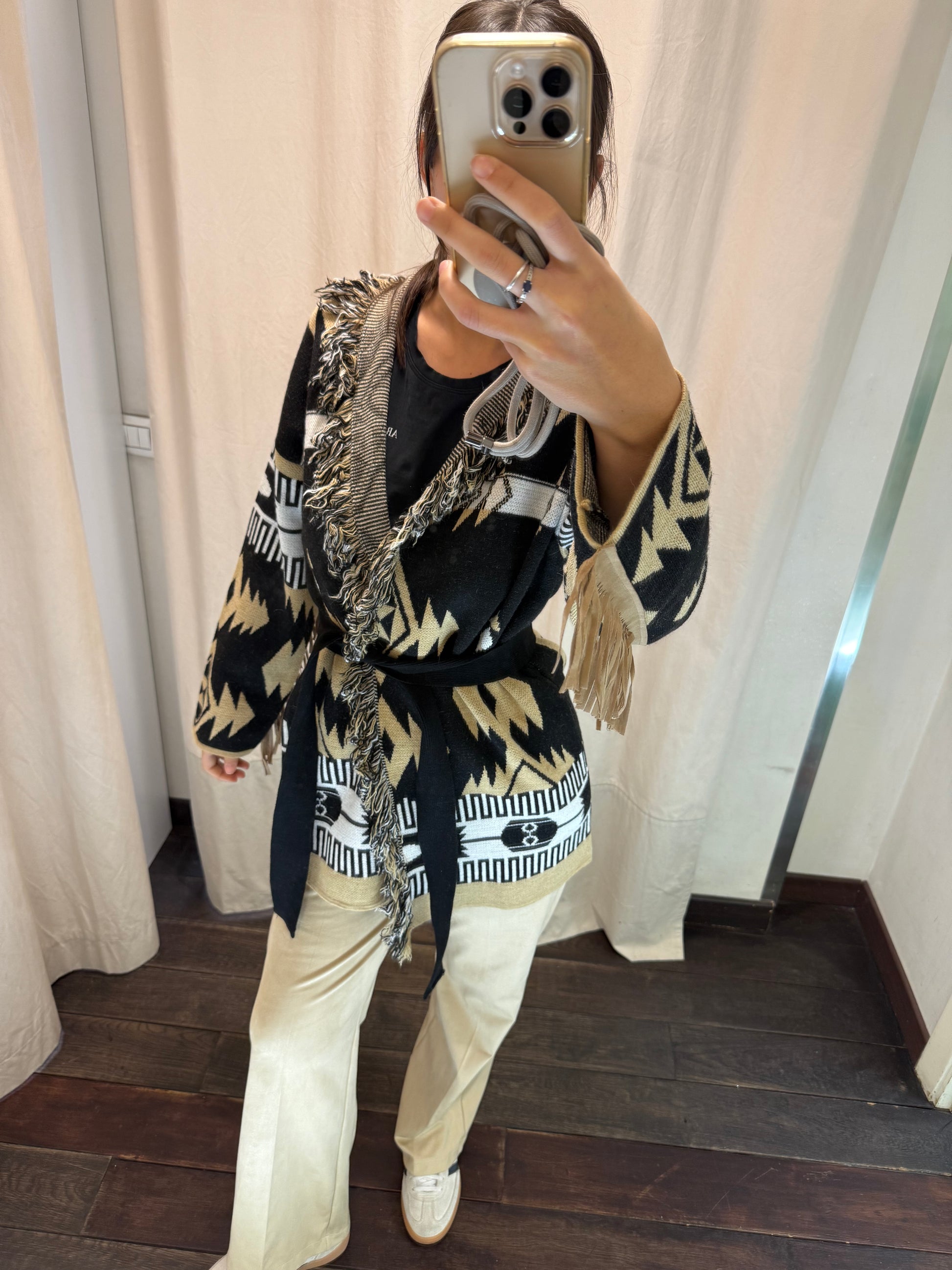 Maxi Cardigan frange nero / beige 77190F