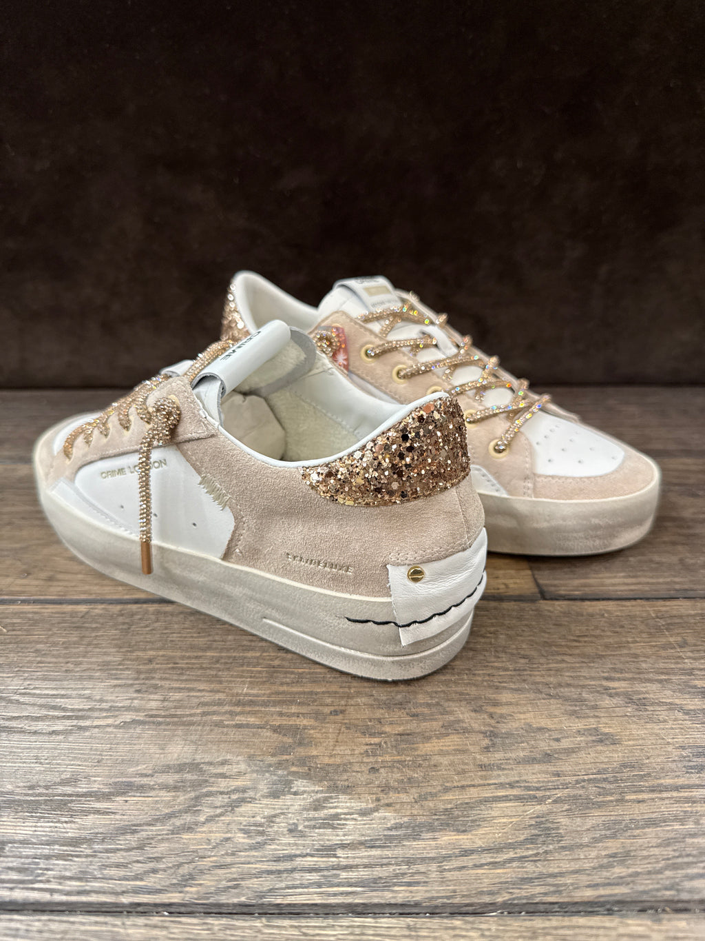CRIME LONDON SK8  BIANCA BEIGE TOP GLITTER ORO LACCI ORO DONNA