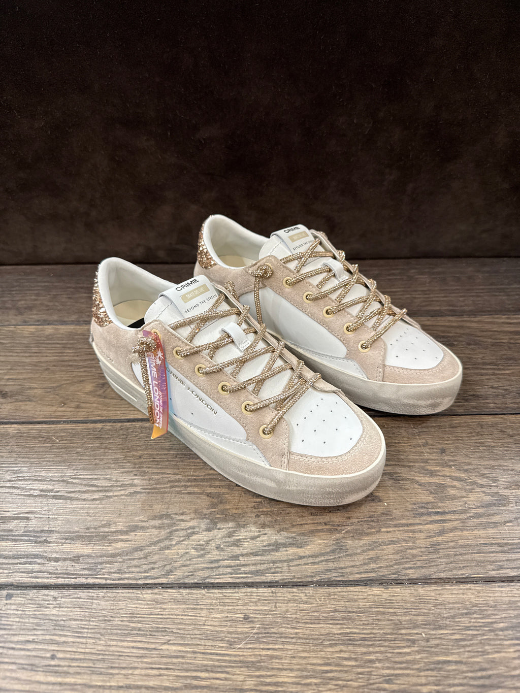 CRIME LONDON SK8  BIANCA BEIGE TOP GLITTER ORO LACCI ORO DONNA
