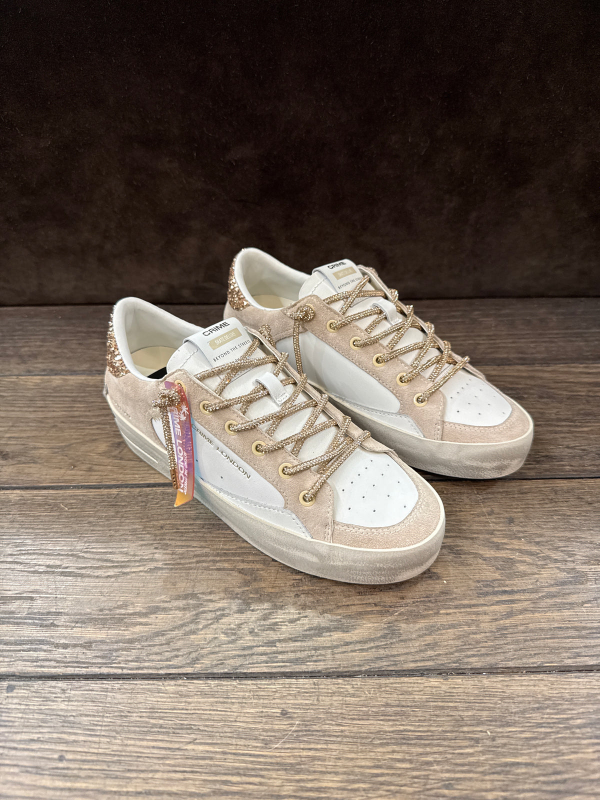 CRIME LONDON SK8  BIANCA BEIGE TOP GLITTER ORO LACCI ORO DONNA