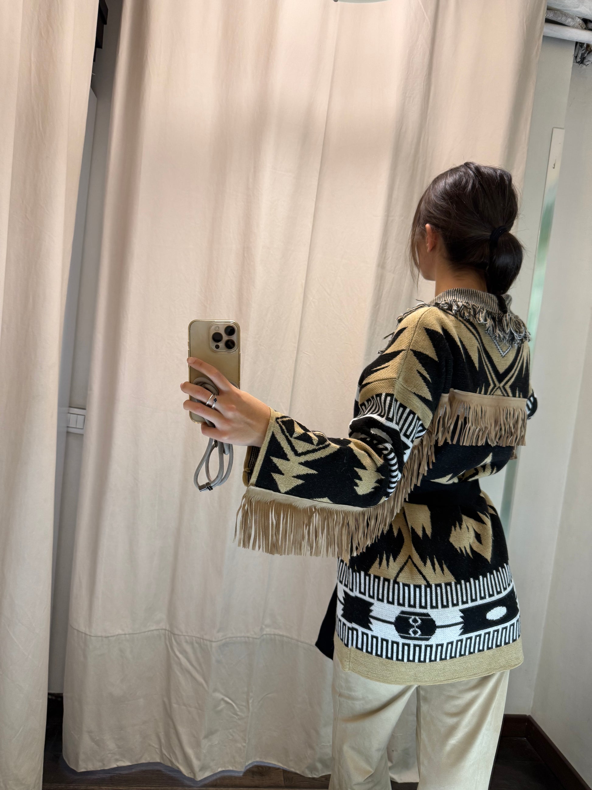 Maxi Cardigan frange nero / beige 77190F