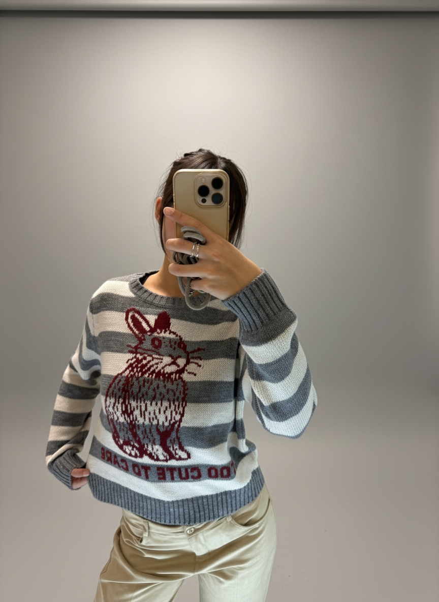 Maglia intarsio coniglio grigio righe 72004