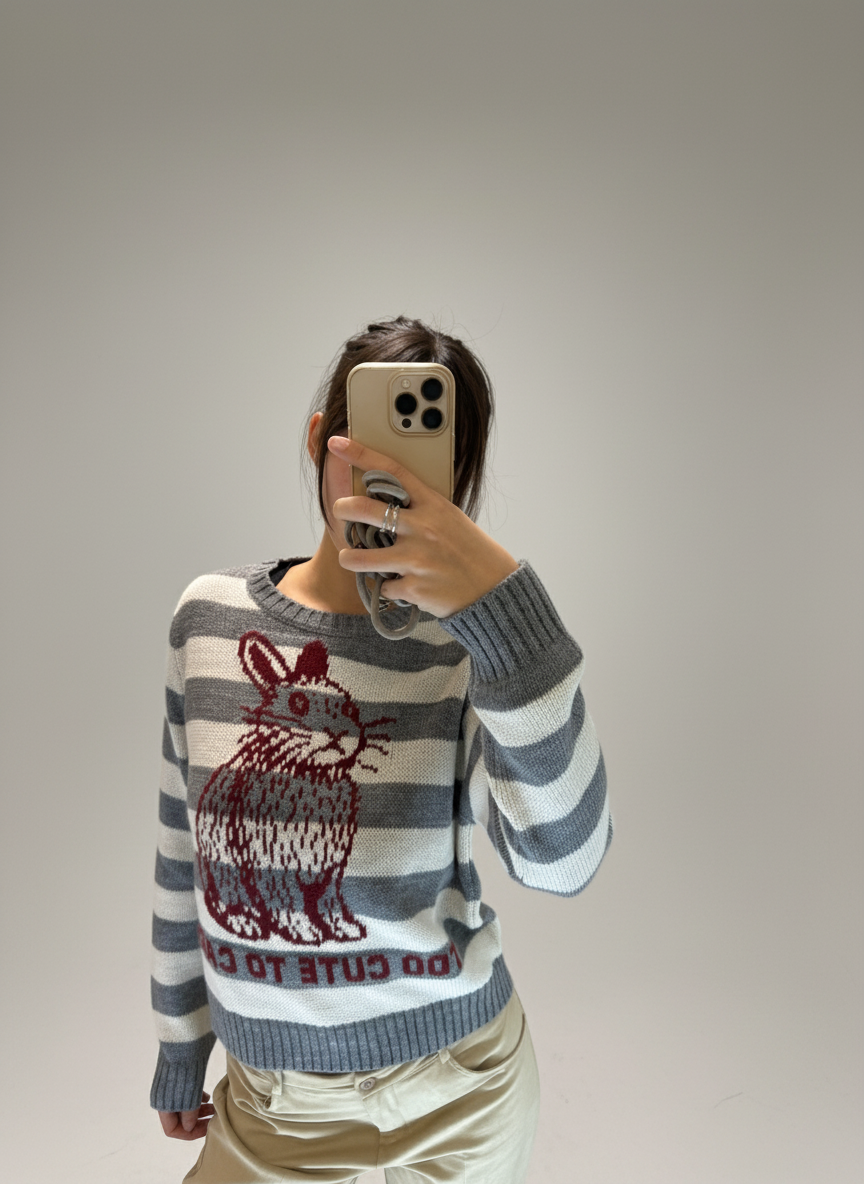 Maglia intarsio coniglio grigio righe 72004