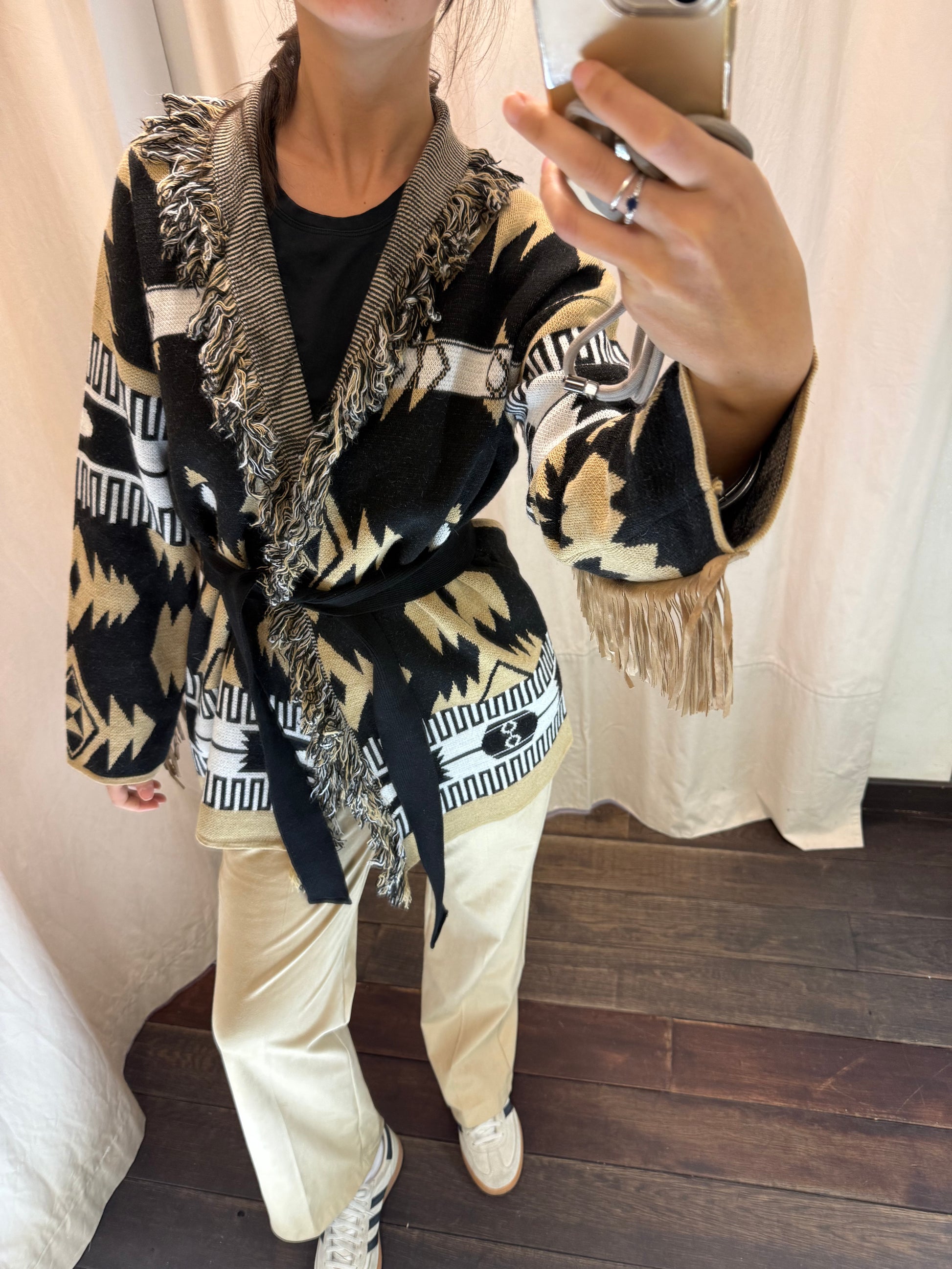 Maxi Cardigan frange nero / beige 77190F