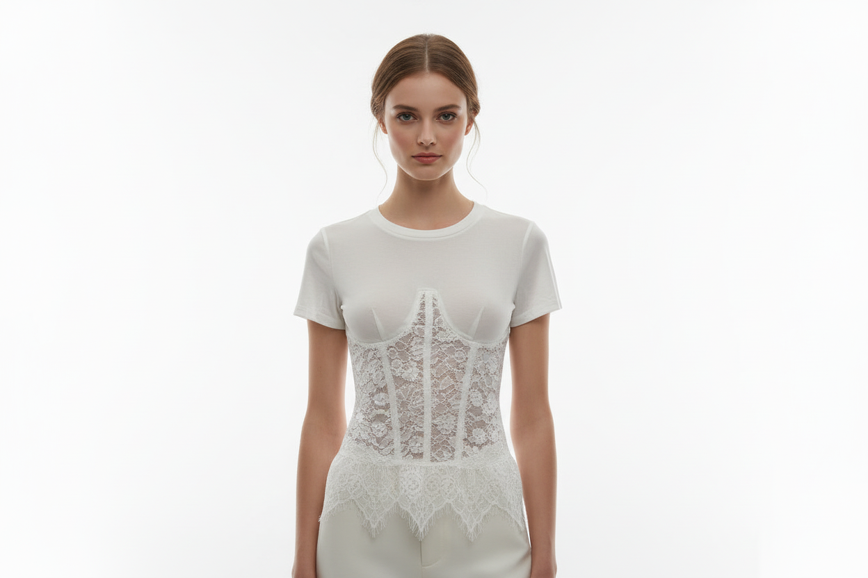 LINEAELLE MAGLIA COTONE E PIZZO BIANCA