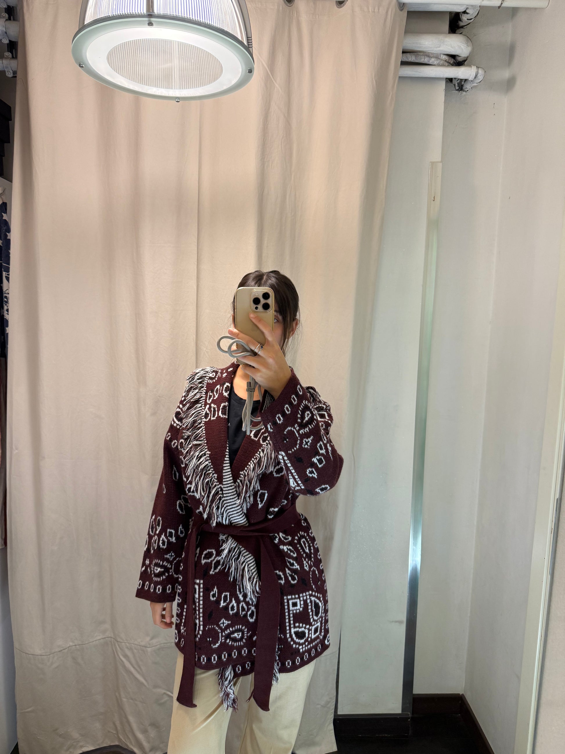Maxi Cardigan frange beige/ bordeaux 77227F