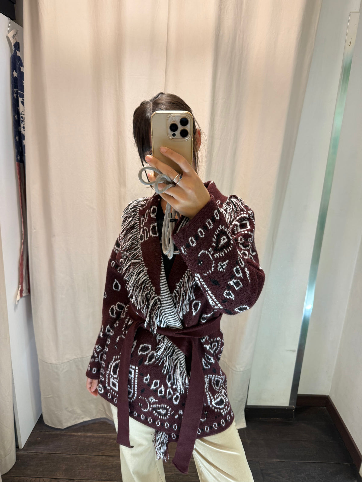 Maxi Cardigan frange beige/ bordeaux 77227F