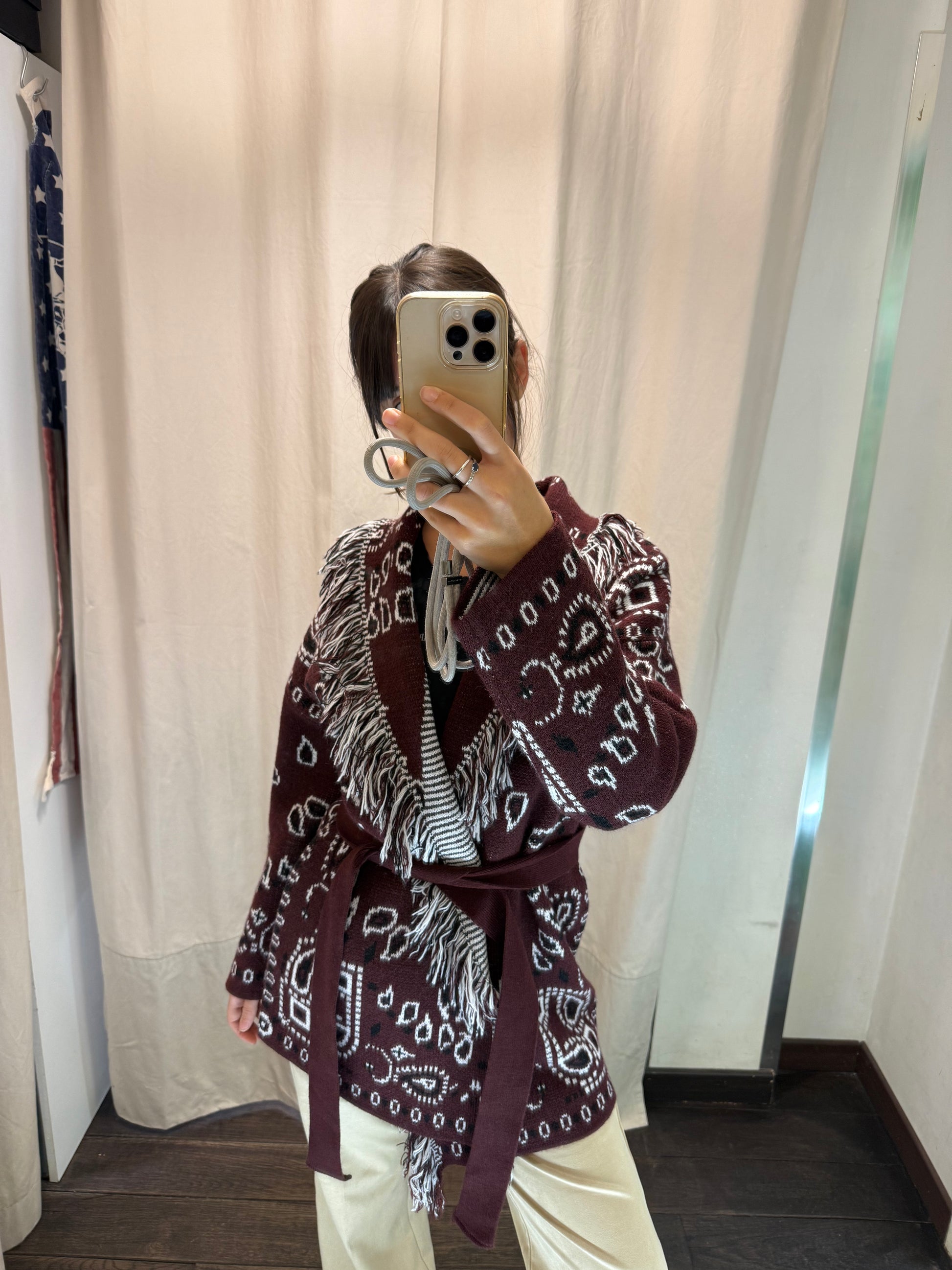 Maxi Cardigan frange beige/ bordeaux 77227F