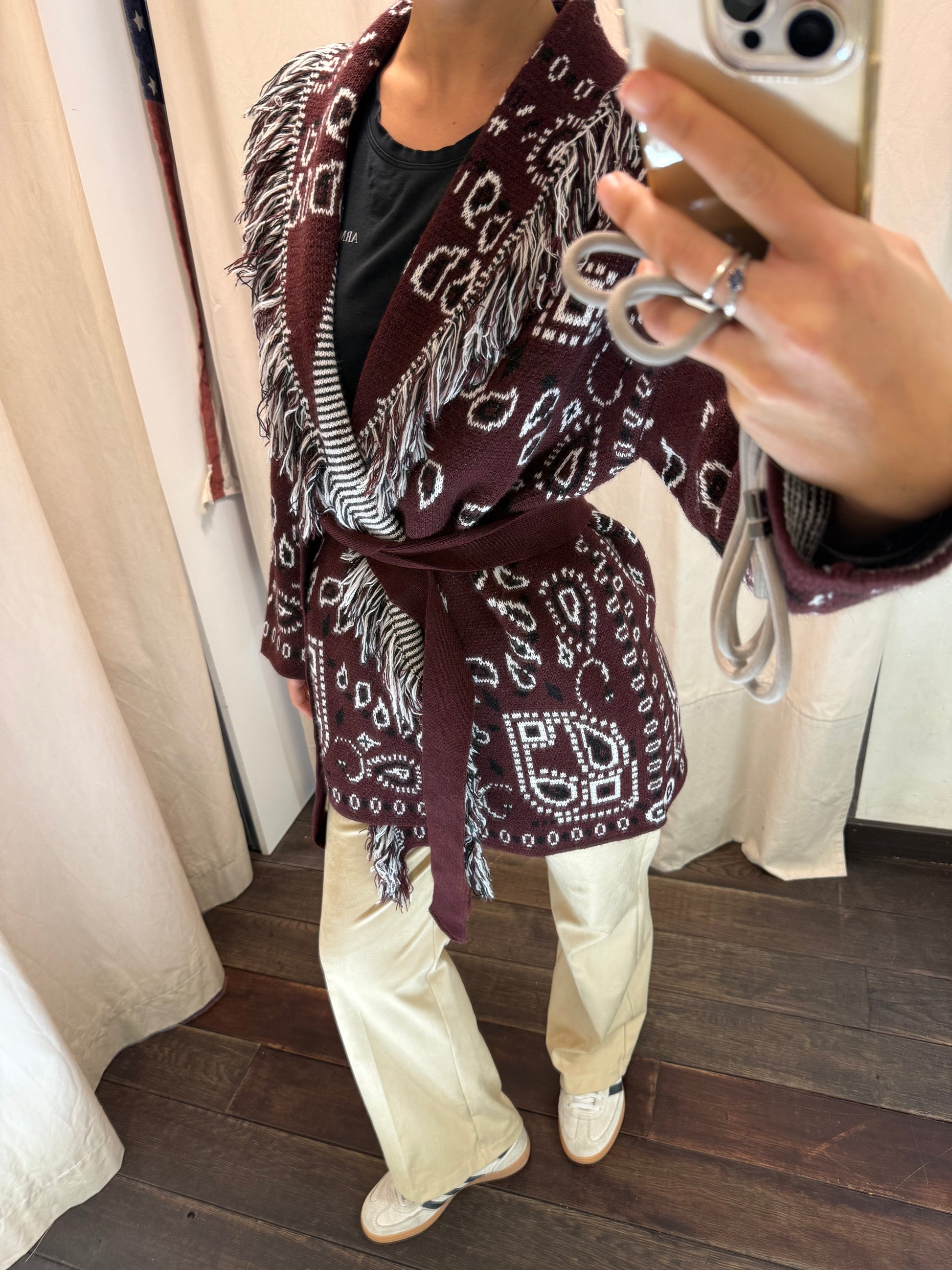 Maxi Cardigan frange beige/ bordeaux 77227F
