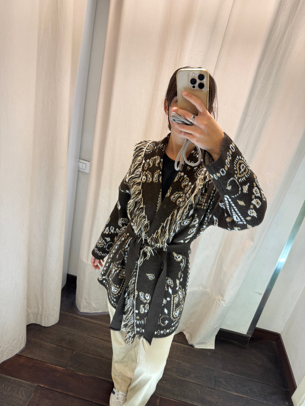 Maxi Cardigan frange marrone 77227F