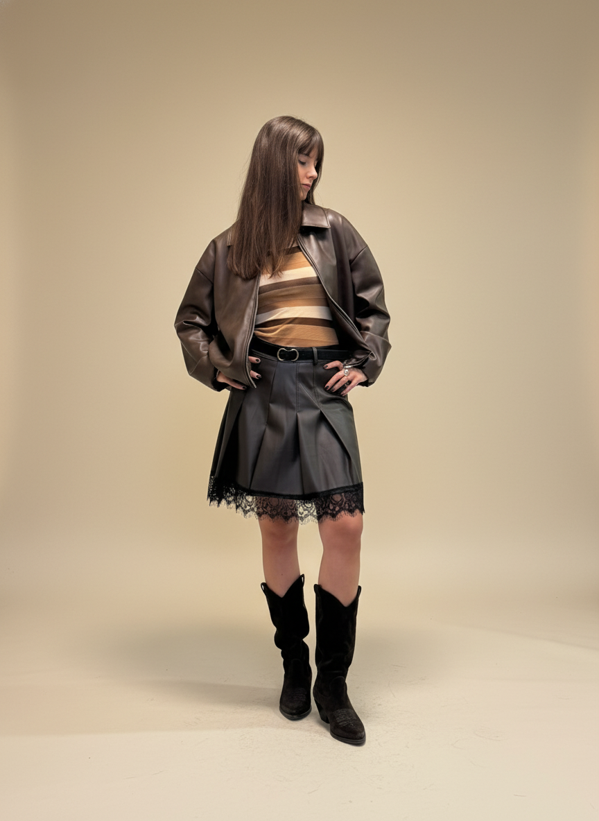 Gonna in ecopelle marrone pizzo nero Lineaelle