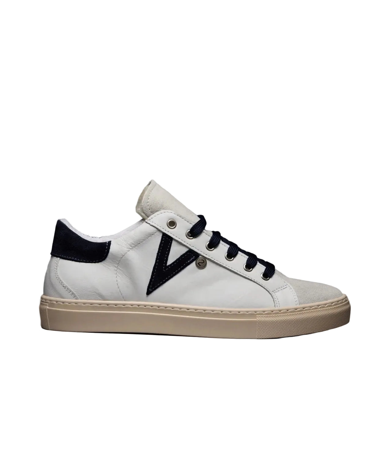 V2 - OLYMPIC V2 - Sneakers a suola bassa in pelle martellata con inserto e retro Bicolor Jeans e Blu