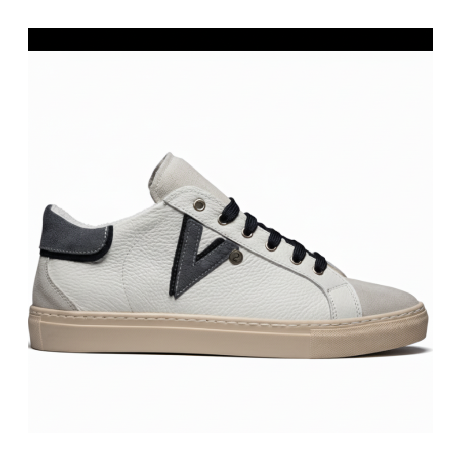 V2 - OLYMPIC V2 - Sneakers a suola bassa in pelle martellata con inserto e retro Bicolor Jeans e Blu