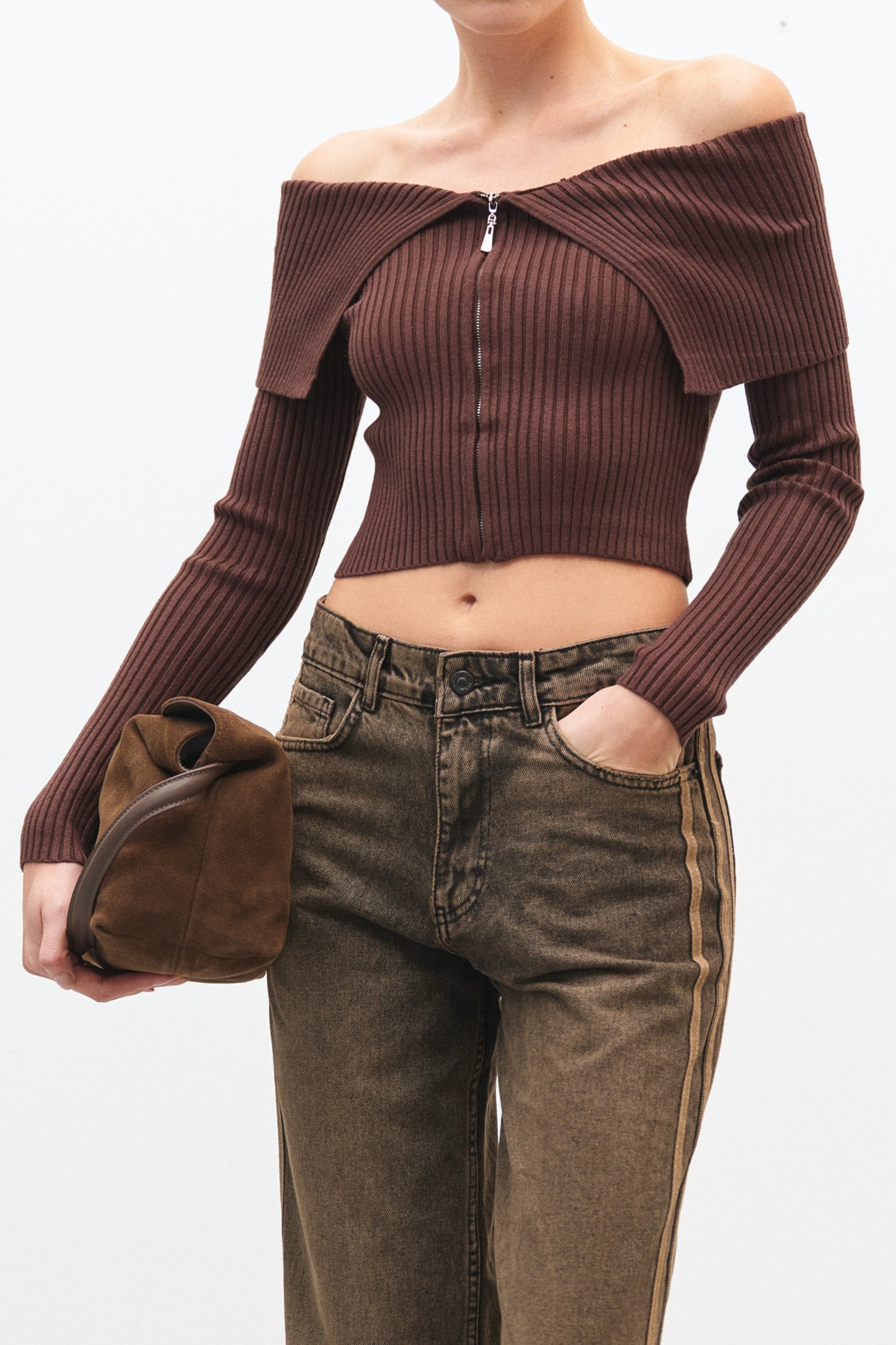 Maglia Crop Con Zip - MARRONE - Lumina