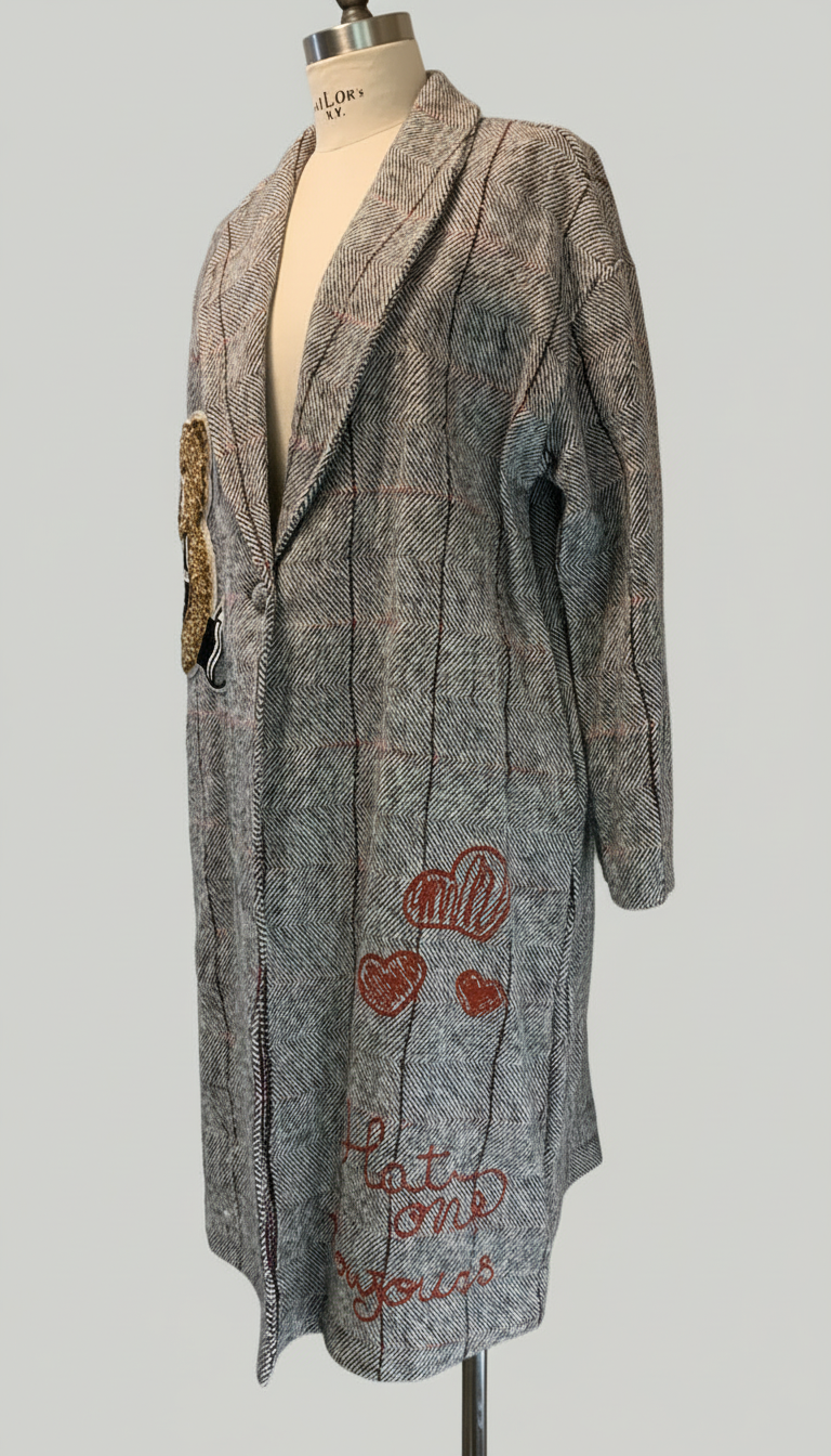 Cappotto spigato nero teddy e ricami bordeaux   Lineaelle