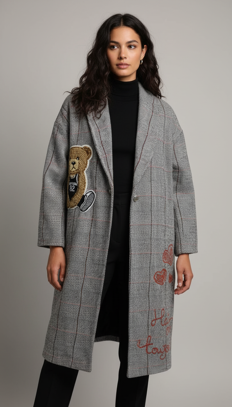 Cappotto spigato nero teddy e ricami bordeaux   Lineaelle