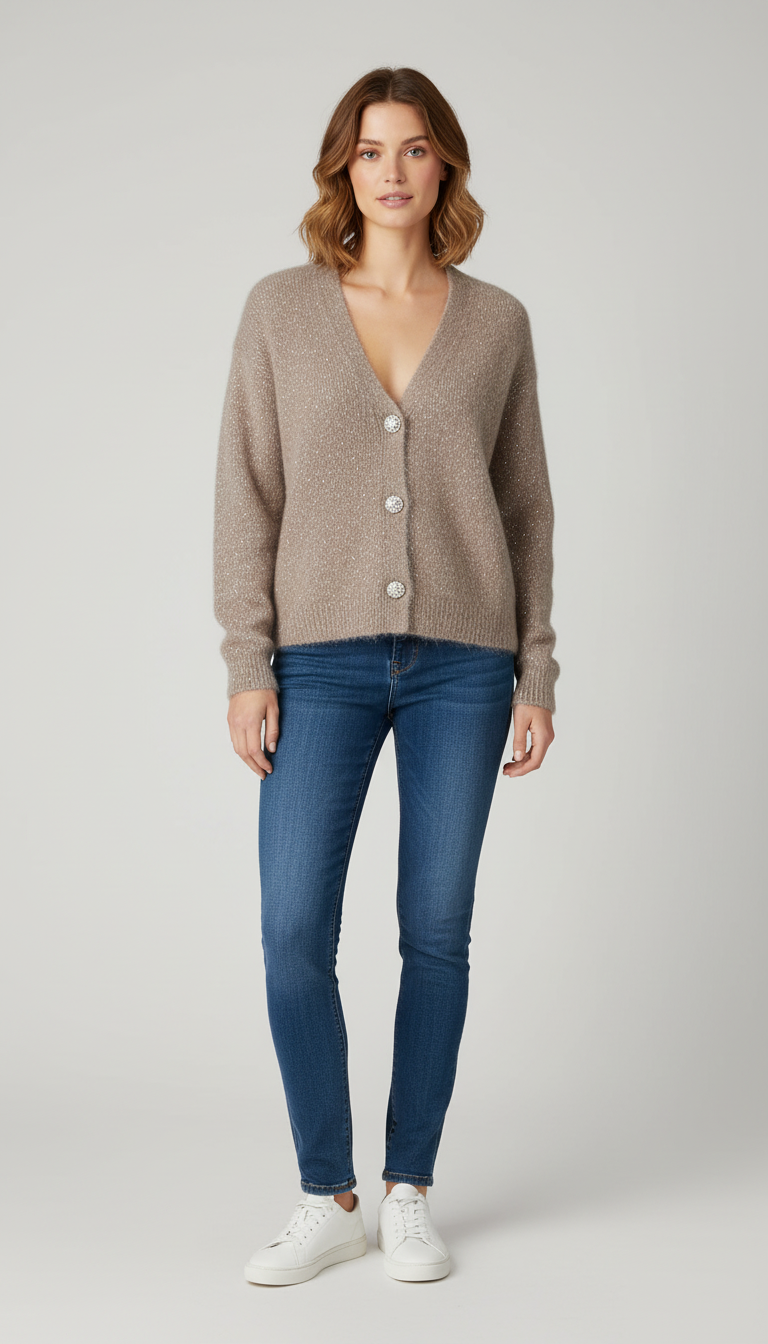 Maglia cardigan bottoni gioiello tortora Lineaelle