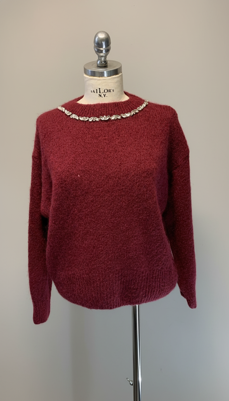 Maglia girocollo strass bordeaux Lineaelle