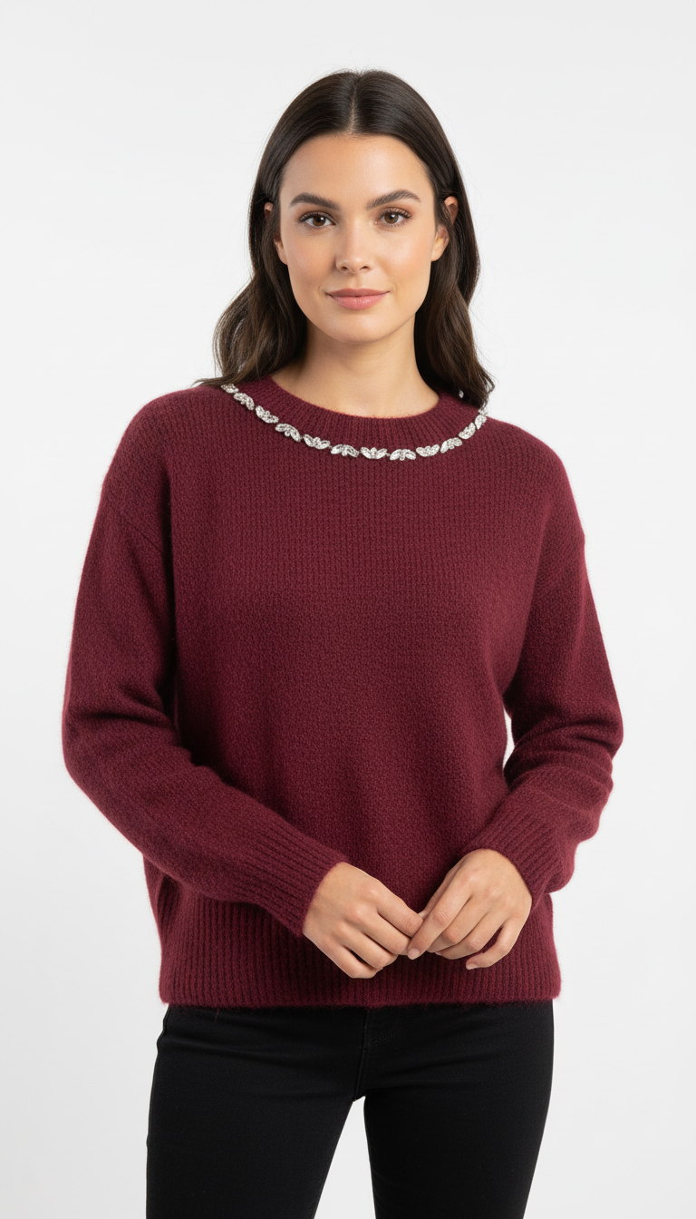 Maglia girocollo strass bordeaux Lineaelle