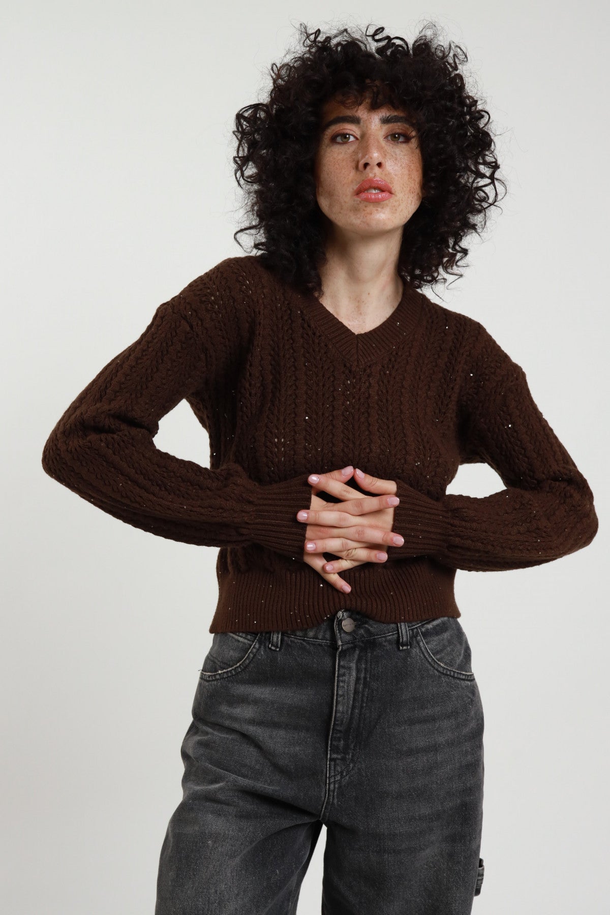 Maglia scollo a V paillettes moro Susymix